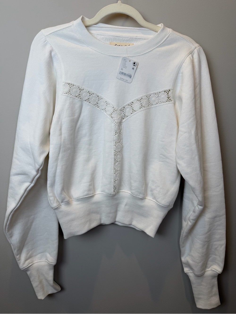 Free People Sweet Nashville Ivory Lace Trim Sweatshirt XS NWT $128